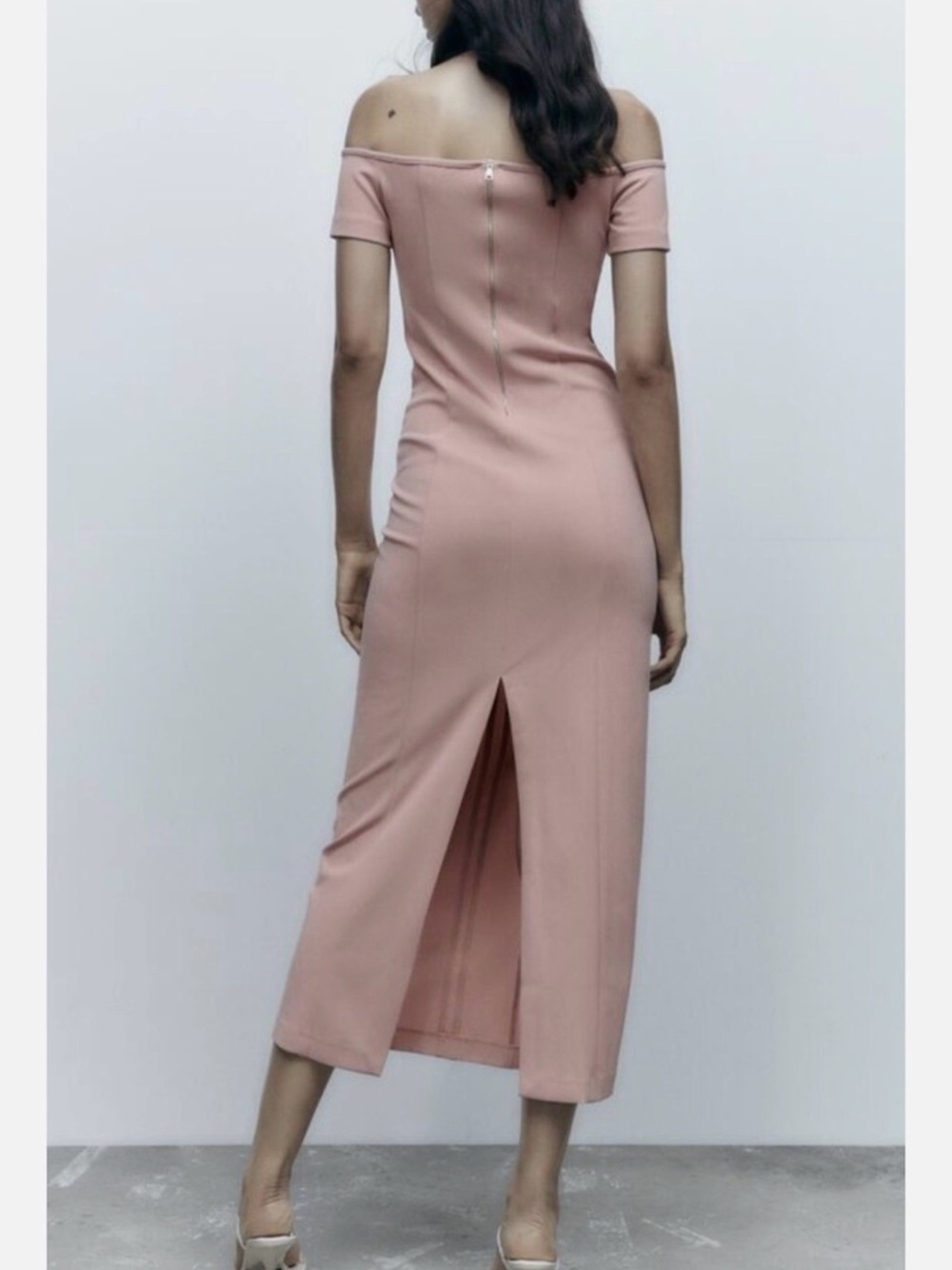 ZARA Blush Pink Off Shoulder Midi Dress Bodycon Slit Back Size S